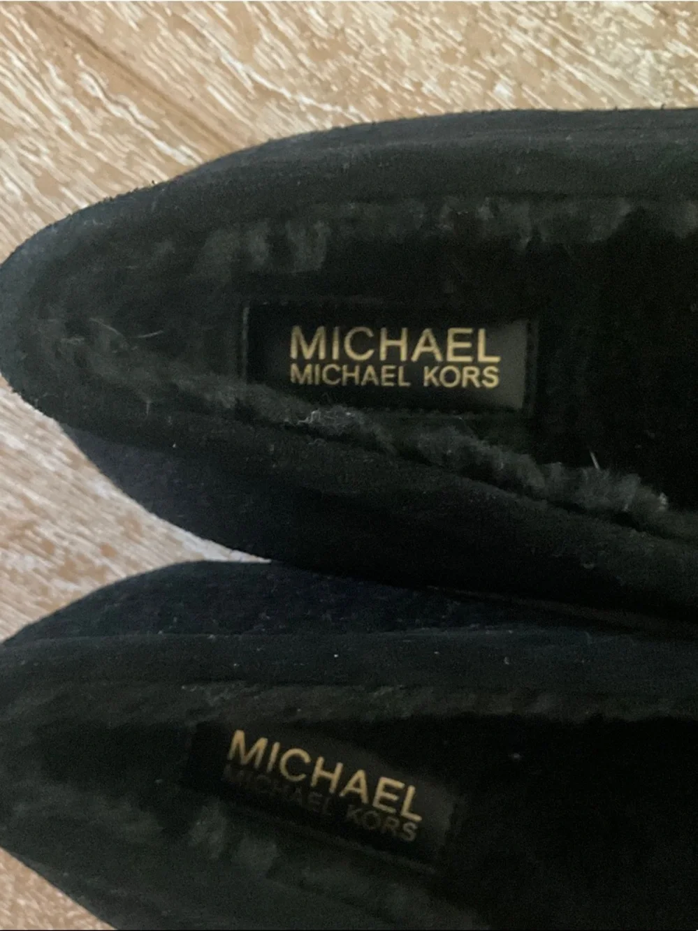 NWOT Michael Kors Black Suede Loafers with Gold MK Plaque